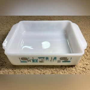 Vintage MCM Fire King Blue Heaven Atomic Loaf White and Blue Baking Dish